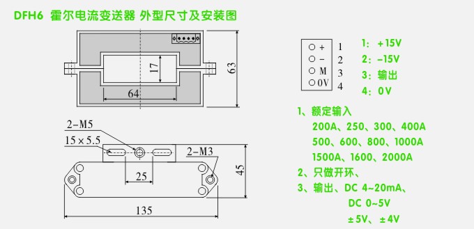松野电气是专业生产霍尔电流传感器,DFH6电流变送器,霍尔电流变送器的厂家,隔离技术,10年以上生产经验,性能稳定可靠,抗干扰能力强,热线;400-027-0806 一、霍尔电流传感器,DFH6电流变送器产品特点 、可同时测量直流电流、交流电流、或脉动直流、 且分为开环霍尔式 和 闭环霍尔式两种、 、原边副边高度绝缘、环氧树脂浇注灌封、安全可靠 变送器直流输出、DC 4~20mA、DC 0~5V、 跟随输出、± 4V、±5V、±20mA、±25mA