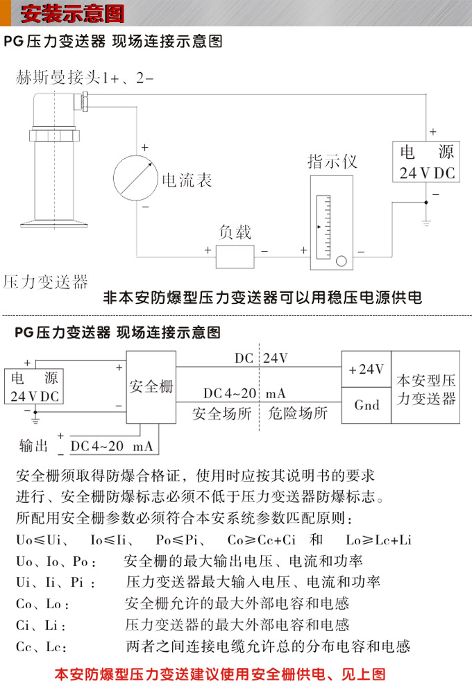 防爆压力变送器,PG6300Q防爆卡箍压力传感器安装示意图