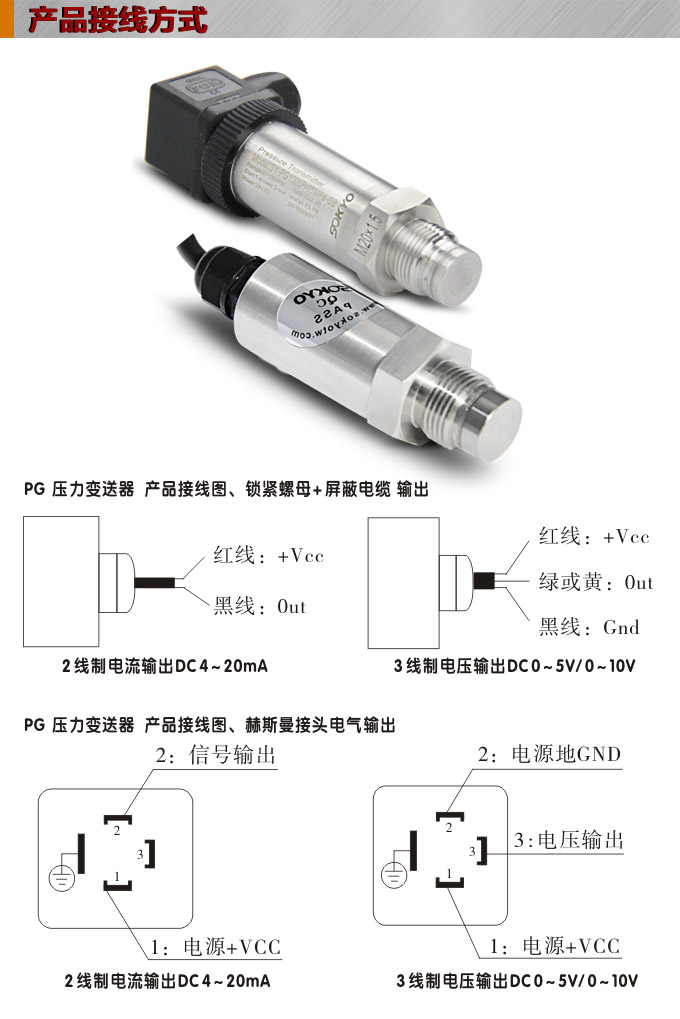 松野电气是专业生产压力传感器,PG1300P平膜压力变送器的厂家,台湾技术,进口传感元件,精度高,温漂小,抗变频干扰能力强,免费热线:400-027-0806. 一、压力传感器,PG1300P平膜压力变送器特点: 1、松野电气是专业生产PG压力变送器,防爆压力变送器,带通讯压力变送器,汽车专用压力变送器的厂家, 2、多种外形结构:标准型、工业型、高温型、精密型、平膜型、空调专用型、清洁平面型、环境净化型等。 3、多种输出方式选择:两线制电流4-20 mA、电压0-5V、1-5V、0-10V、0.