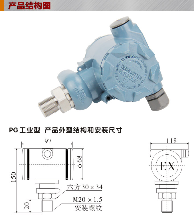 扩散硅压力变送器,PG1300Y压力变送器结构图