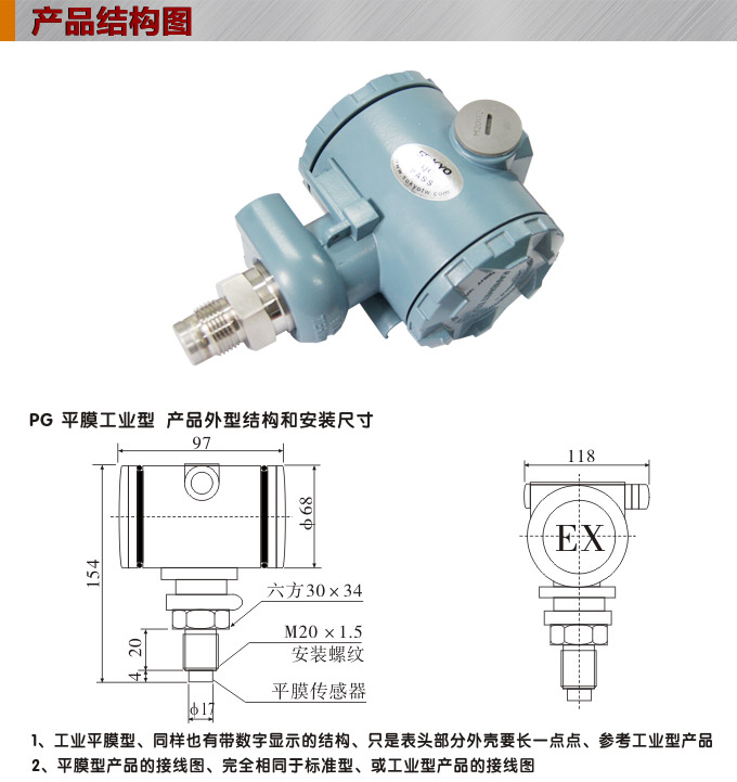 压力变送器,PG1300PY平膜压力传感器结构图