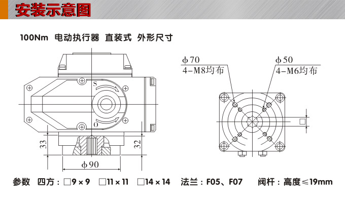 电动执行器,电动头,YTDG-RS100电动执行机构安装示意图