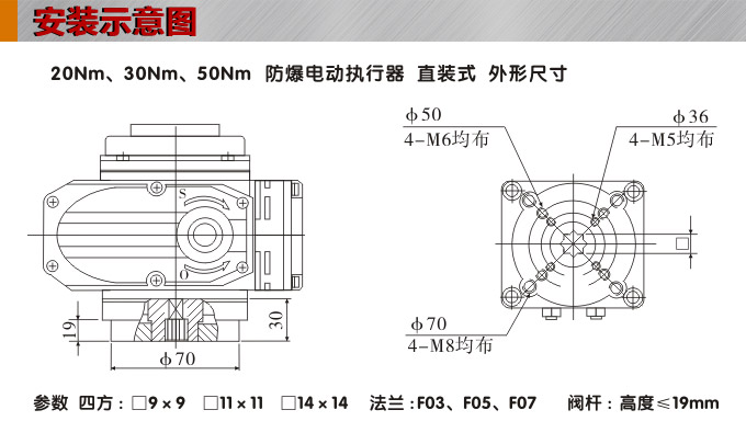 防爆电动头,YTEx-RKB50防爆电动执行器安装示意图