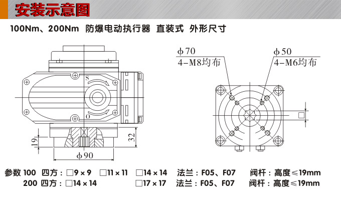 防爆电动执行器,YTEx-RS200防爆电动执行机构安装示意图