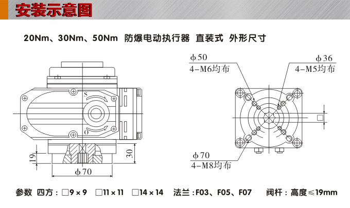 防爆电动头,YTEx-RS50防爆电动执行器安装示意图