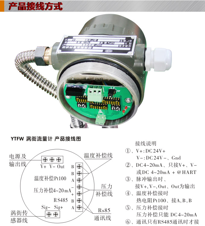 智能涡街流量计,YTFW插入式涡街流量计接线图