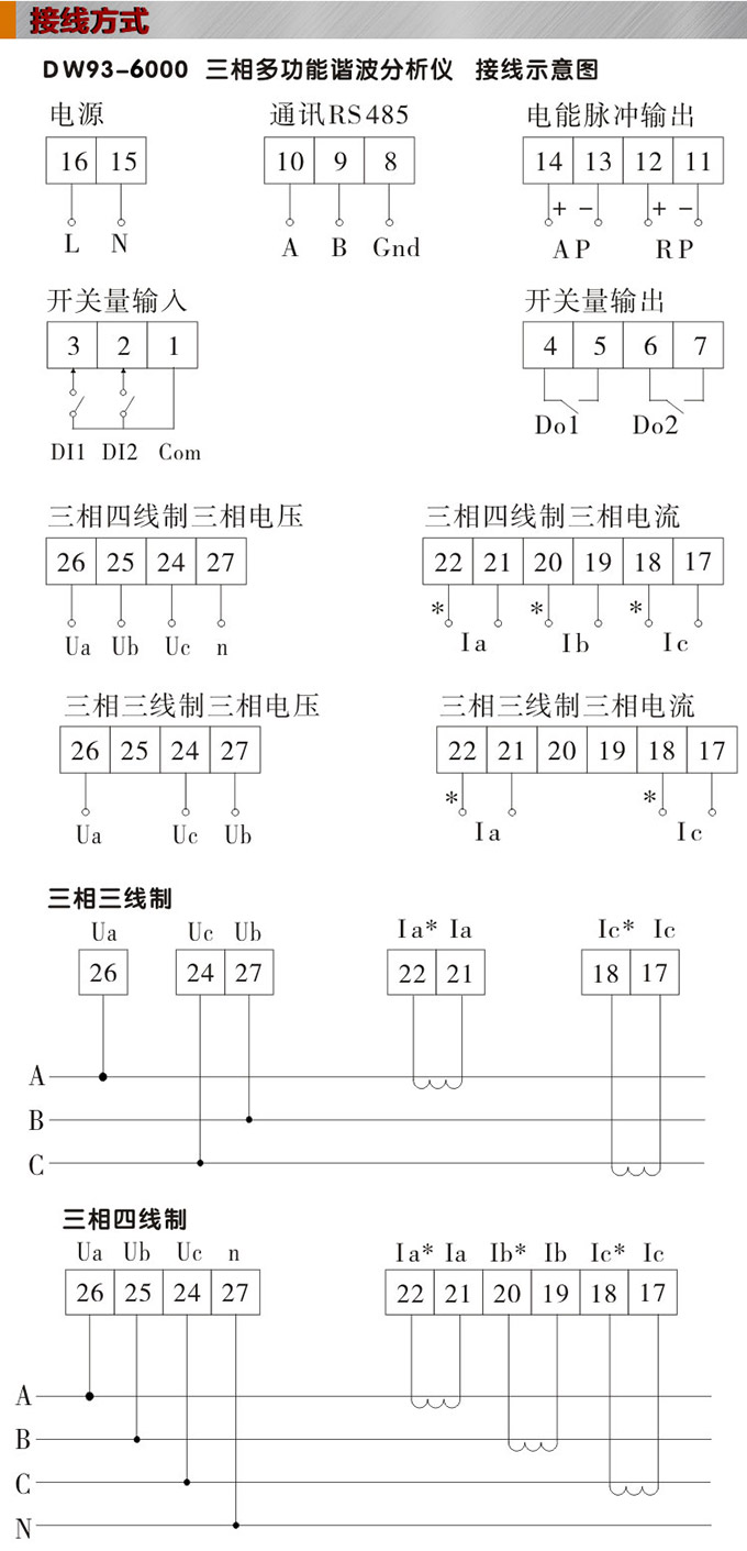 网络电力仪表,DW123-6000多功能谐波表接线图