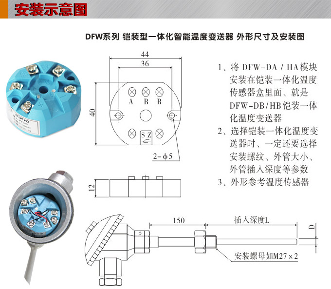 温度变送器模块,DFW高精度温度变送器,温度变送器安装示意图