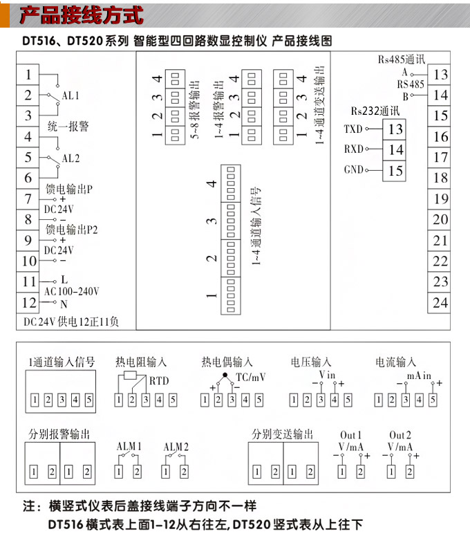 数显控制仪，DT520智能四回路数显表，多回路巡检控制仪接线方式