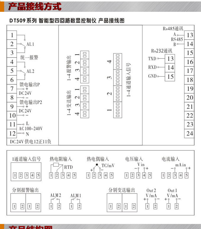 数显控制仪，DT516智能四回路数显表，多回路巡检控制仪接线方式