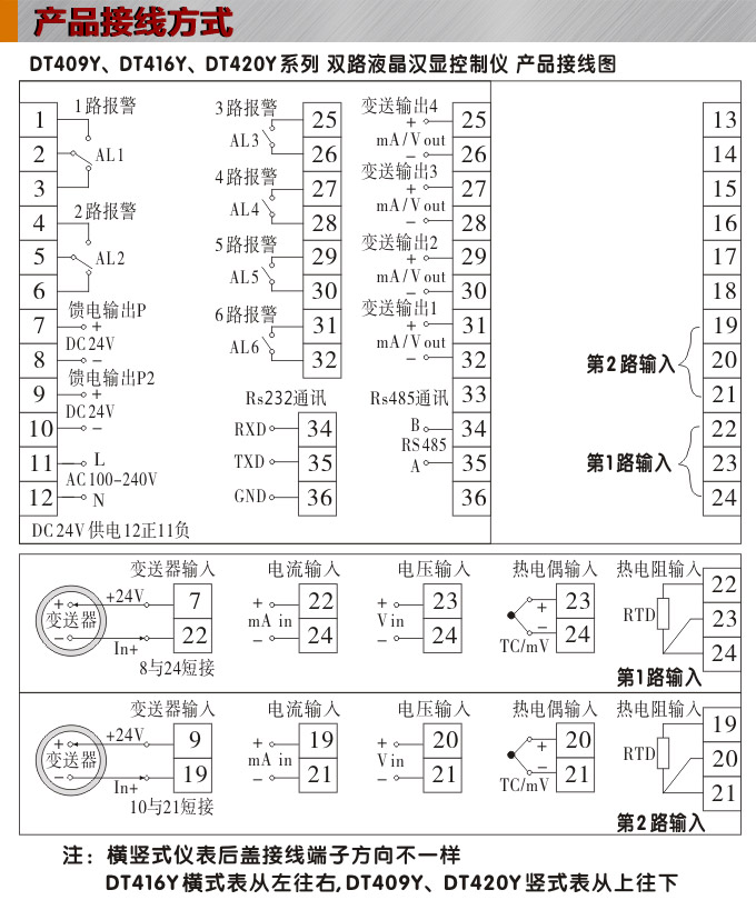 液晶汉显控制仪,DT409双回路液晶显示表,液晶显示控制仪接线方式