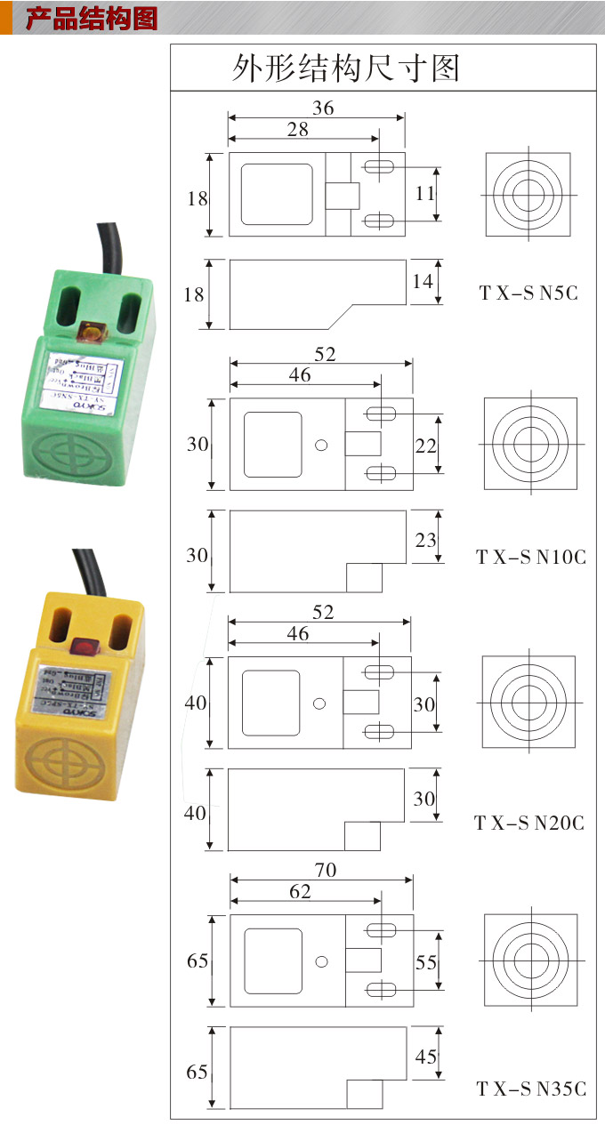 电感式接近开关,TX-S方型接近开关结构图