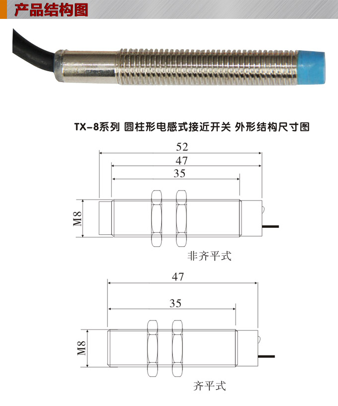 电感式接近开关,TX-8圆柱形接近开关结构图