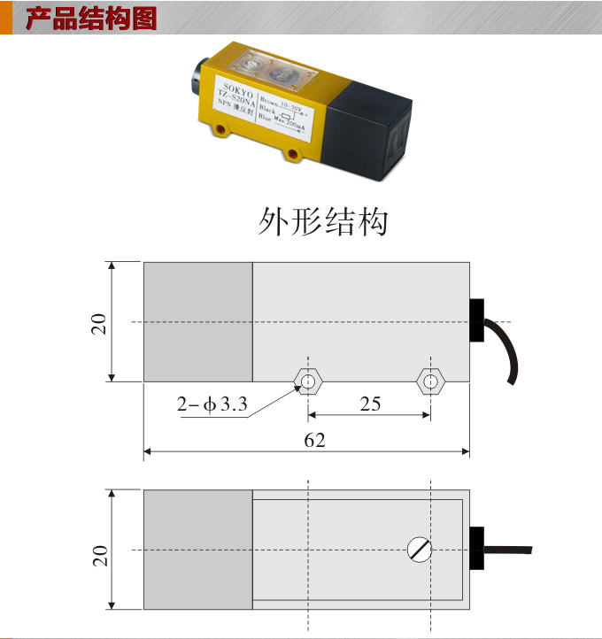 光电开关,TZ-S20长条形光电开关,光电传感器结构图