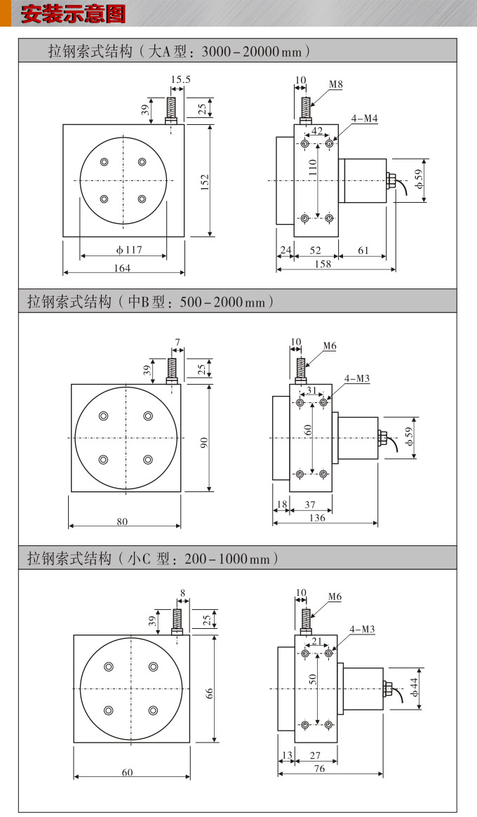 拉绳式位移传感器,DFL-TA拉绳式编码器,位移传感器安装示意图