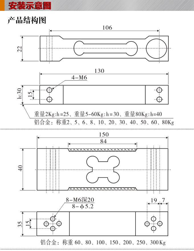 称重传感器,PT5100L梁形称重传感器,重量传感器安装示意图